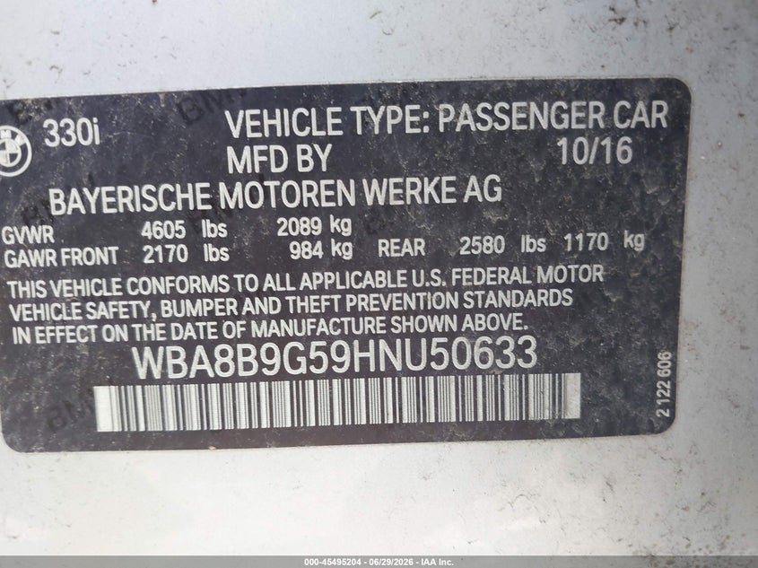 2017 BMW 3er VIN WBA8B9G59HNU50633 IAAI salvage auction — RIGHT FRONT, Salvage (Ohio), sold $3,575 on 2026-07-30 (photo 9)