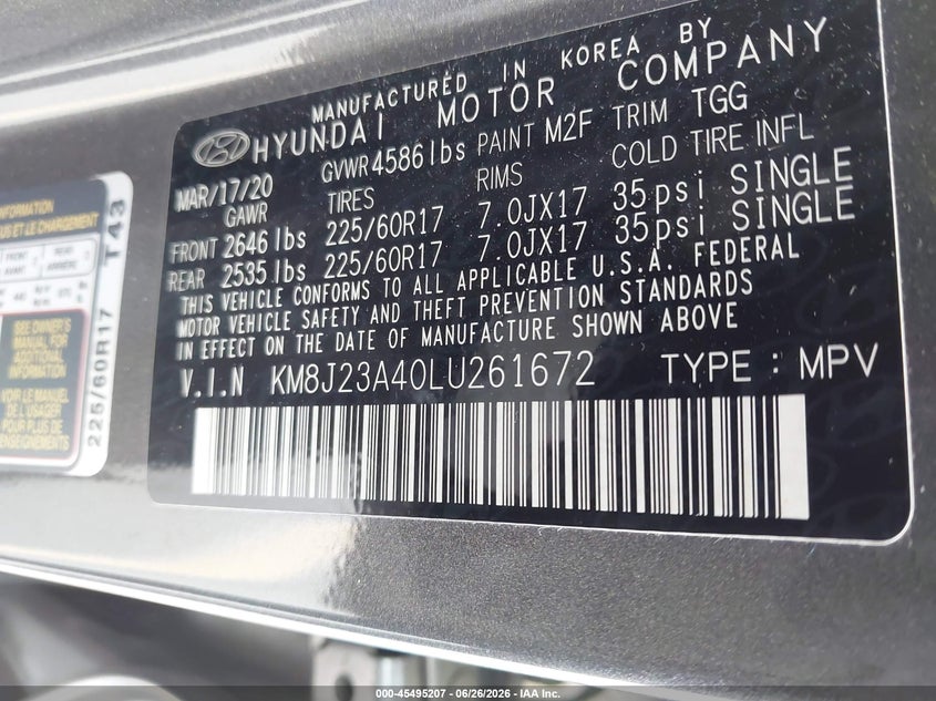 2020 Hyundai Tucson VIN KM8J23A40LU261672 IAAI salvage auction — FRONT END, Salvage (California), sold $3,550 on 2026-07-29 (photo 9)