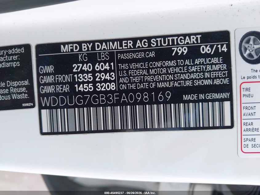 2015 Mercedes-benz S class VIN WDDUG7GB3FA098169 IAAI salvage auction — REAR END, Salvage (California), sold $14,500 on 2026-07-30 (photo 9)