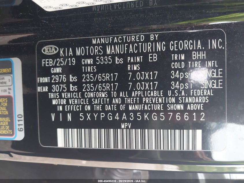 2019 Kia Sorento VIN 5XYPG4A35KG576612 IAAI salvage auction — REAR END, Salvage (Tennessee), sold $3,000 on 2026-07-29 (photo 9)