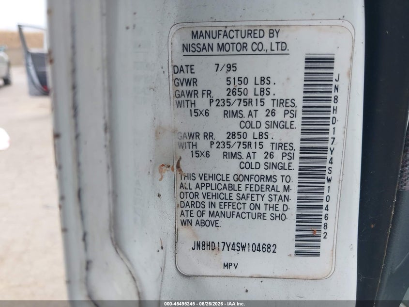 1995 Nissan Pathfinder VIN JN8HD17Y4SW104682 IAAI salvage auction — NORMAL WEAR, Clear - Dealer Only (California), sold $100 on 2026-07-08 (photo 9)