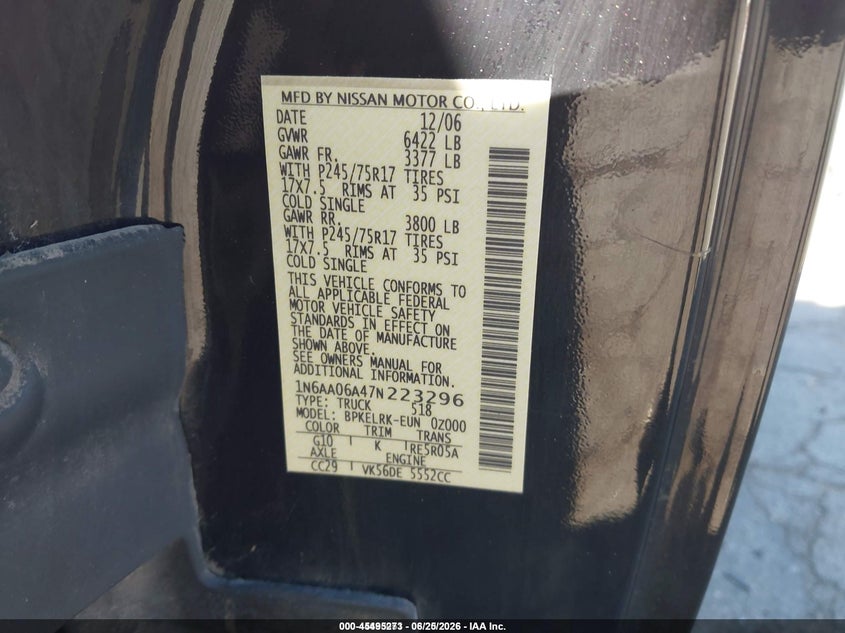 2007 Nissan TITAN VIN 1N6AA06A47N223296 IAAI salvage auction — REAR END, Clear - Dealer Only (California), sold $600 on 2026-07-09 (photo 9)