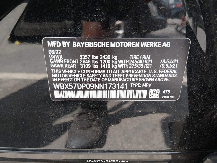 2022 BMW X3 VIN WBX57DP09NN173141 IAAI salvage auction — REAR END, Salvage Title, sold $18,100 on 2026-08-01 (photo 9)