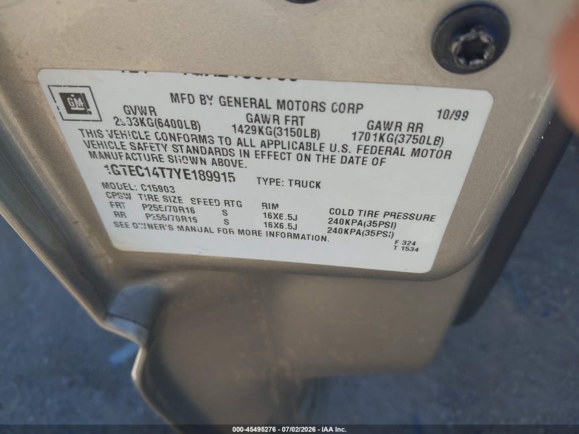 2000 Gmc Sierra 1500 VIN 1GTEC14T7YE189915 IAAI salvage auction — LEFT FRONT, Salvage (Arizona), sold $1,350 on 2026-07-09 (photo 9)