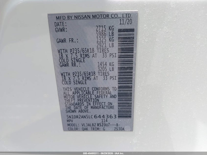 2020 Nissan Pathfinder VIN 5N1DR2AN5LC644363 IAAI salvage auction — LEFT SIDE, Salvage Title, sold $1,300 on 2026-07-24 (photo 9)