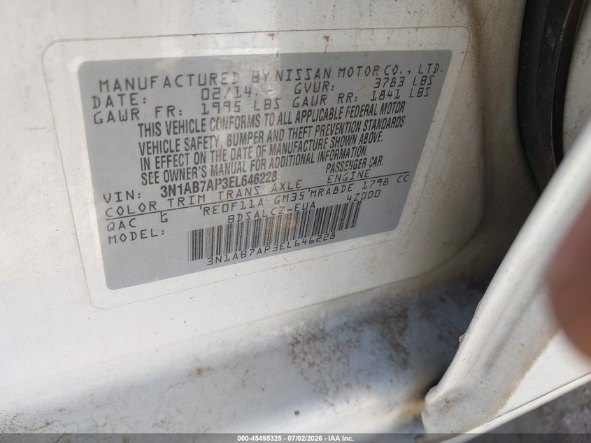 2014 Nissan Sentra VIN 3N1AB7AP3EL646228 IAAI salvage auction — NORMAL WEAR, Clear-Dealer Only (Arizona), sold $350 on 2026-07-09 (photo 9)
