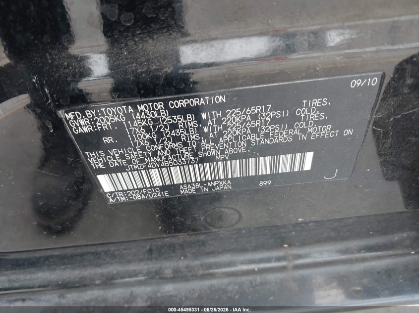 2011 Toyota Rav4 VIN JTMZF4DV4B5033737 IAAI salvage auction — NORMAL WEAR, Clear - Dealer Only (California), sold $500 on 2026-07-13 (photo 9)