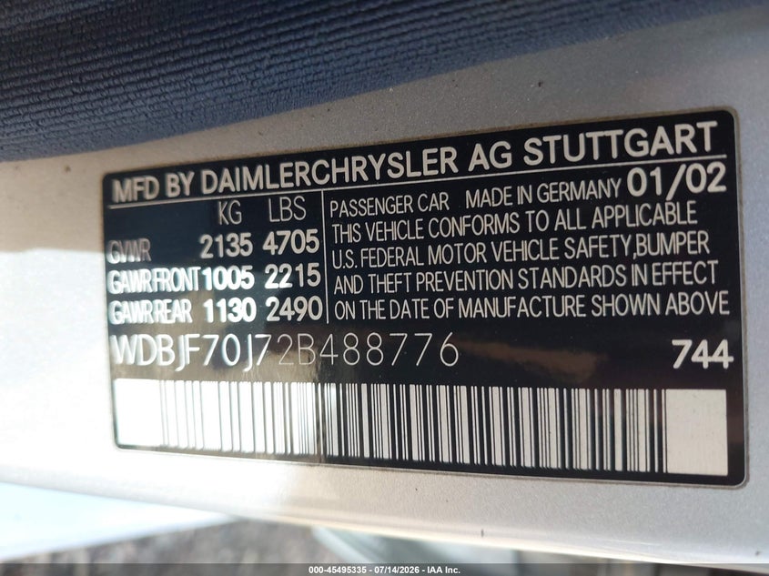 2002 Mercedes-benz E-class VIN WDBJF70J72B488776 IAAI salvage auction — NORMAL WEAR, Clear - Dealer Only (California), sold $425 on 2026-07-21 (photo 9)