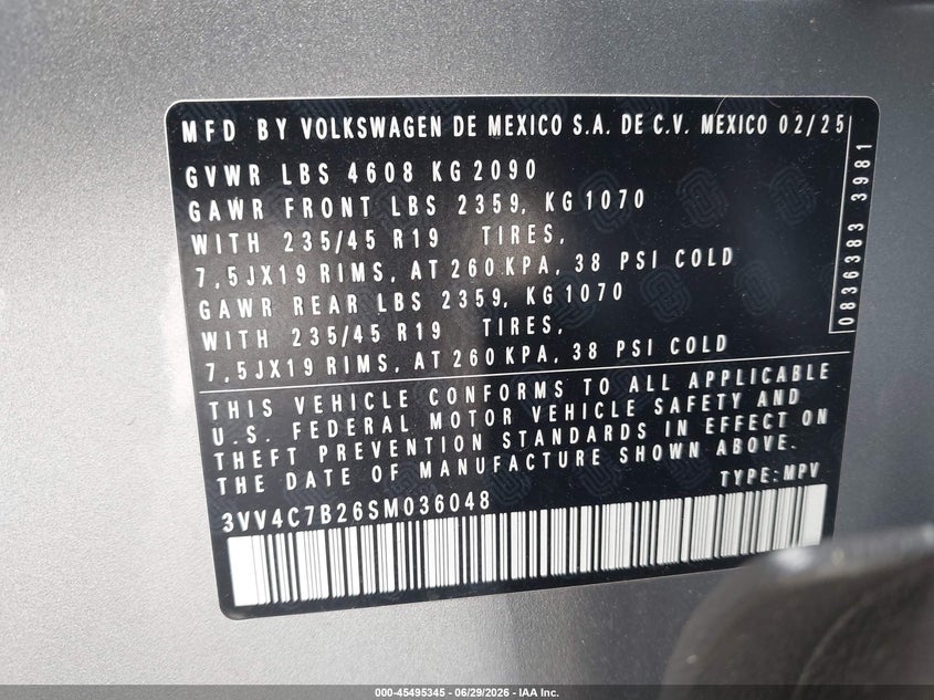 2025 Volkswagen Taos VIN 3VV4C7B26SM036048 IAAI salvage auction — SIDE, Wait Title, sold $10,000 on 2026-08-21 (photo 9)