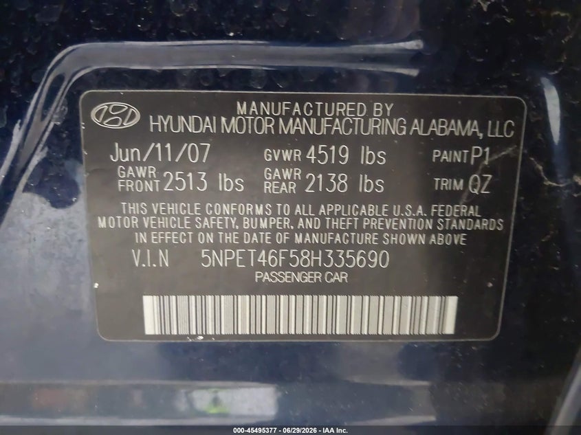 2008 Hyundai Sonata VIN 5NPET46F58H335690 IAAI salvage auction — NORMAL WEAR, Clear (Pennsylvania), sold $400 on 2026-07-22 (photo 9)