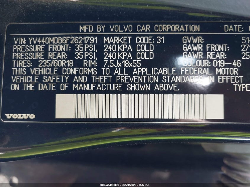 2015 Volvo Xc60 VIN YV440MDB6F2621791 IAAI salvage auction — NORMAL WEAR, Original (Ohio), sold $375 on 2026-07-29 (photo 9)