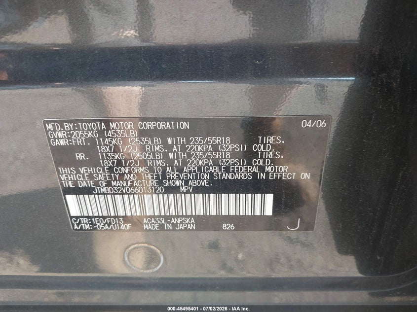 2006 Toyota Rav4 VIN JTMBD32V066013120 IAAI salvage auction — NORMAL WEAR, Clear (New York), sold $2,100 on 2026-07-28 (photo 9)