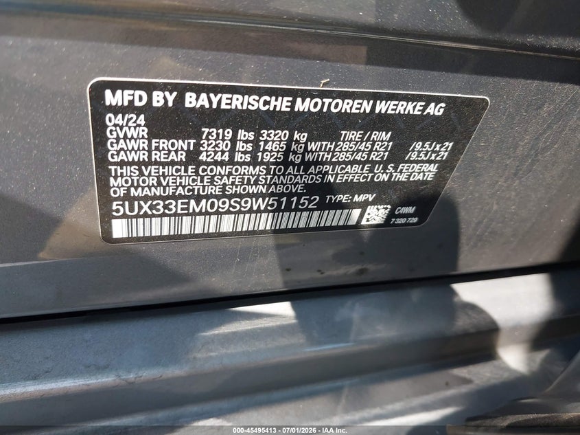 2025 BMW X7 VIN 5UX33EM09S9W51152 IAAI salvage auction — REAR END, Mv-907A (New York), sold $44,500 on 2026-07-13 (photo 9)