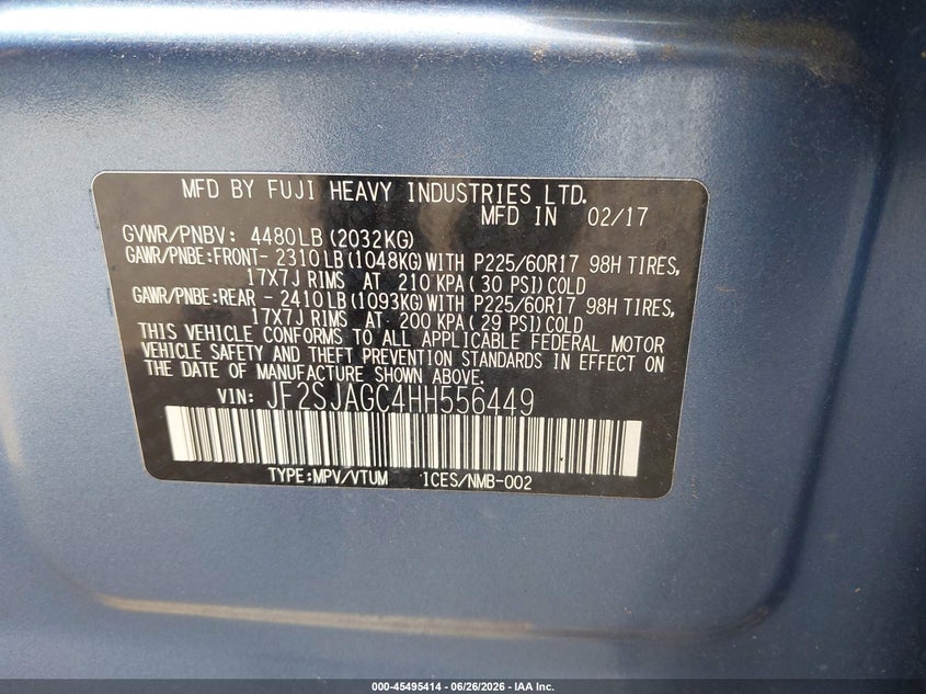 2017 Subaru Forester VIN JF2SJAGC4HH556449 IAAI salvage auction — FRONT END, Salvage - Greater Than 75% (Maryland), sold $1,000 on 2026-07-23 (photo 9)