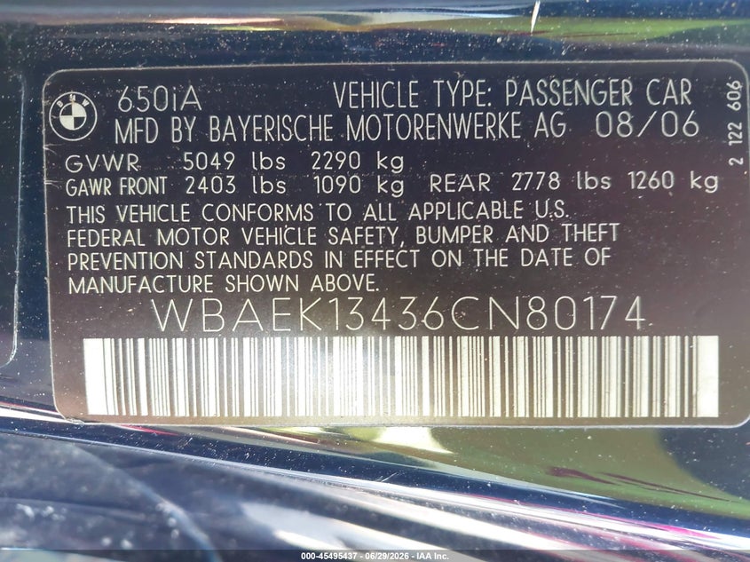 2006 BMW 6 series VIN WBAEK13436CN80174 IAAI salvage auction — FRONT END, Salvage (North Carolina), sold $25 on 2026-07-20 (photo 9)