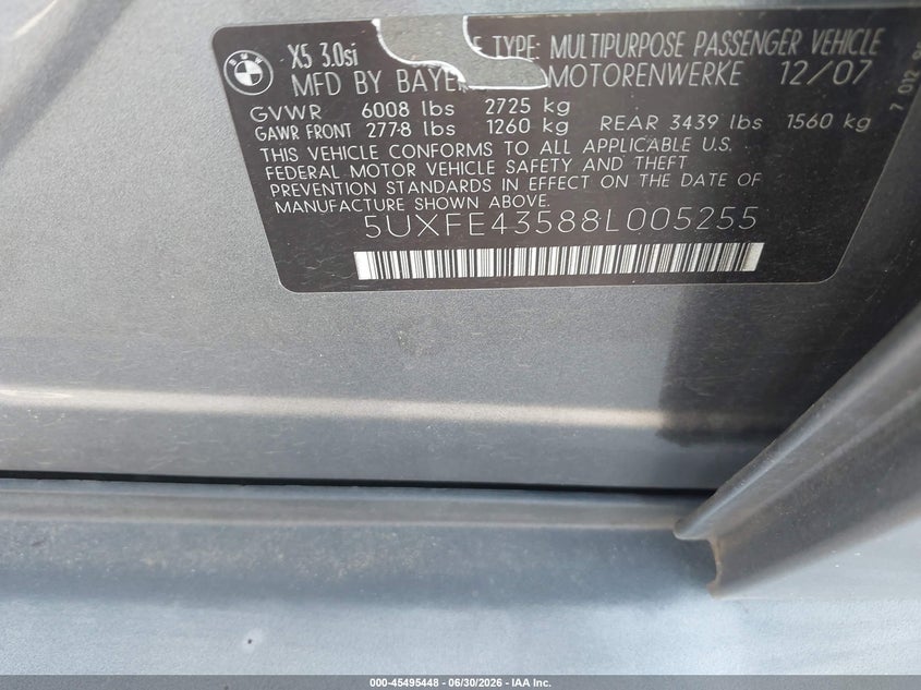 2008 BMW X5 VIN 5UXFE43588L005255 IAAI salvage auction — NORMAL WEAR, Clear (Arkansas), sold $550 on 2026-07-08 (photo 9)