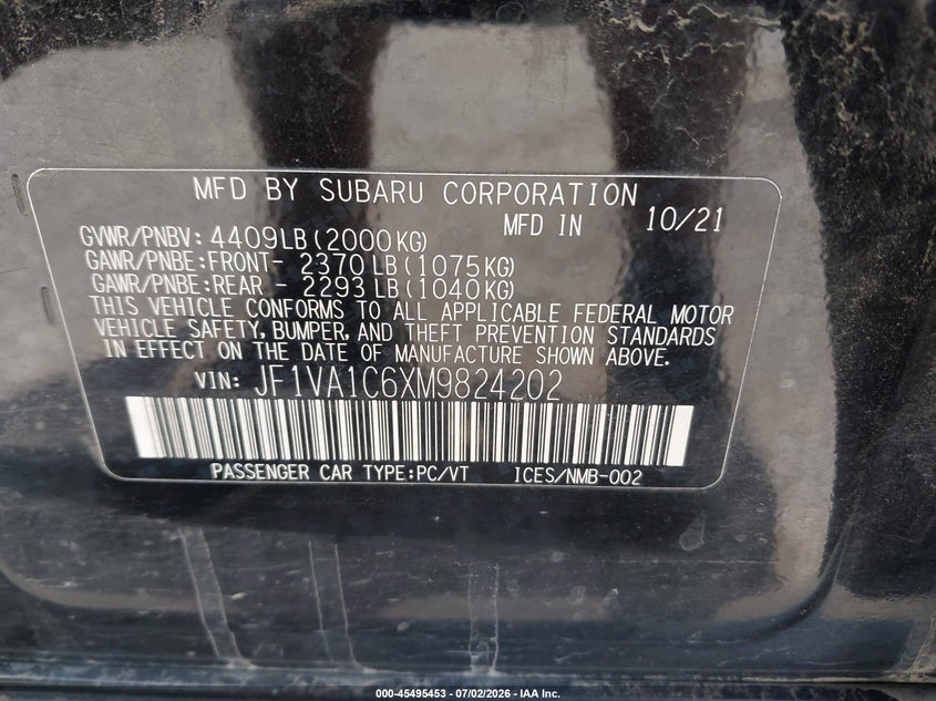 2021 Subaru Wrx VIN JF1VA1C6XM9824202 IAAI salvage auction — FRONT END, Salvage Title, sold $925 on 2026-07-28 (photo 9)