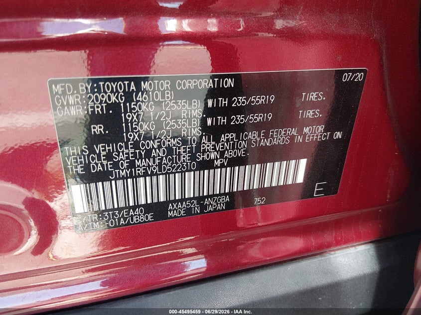 2020 Toyota Rav 4 VIN JTMY1RFV9LD522310 IAAI salvage auction — FRONT END, Salvage (Nevada), sold $8,400 on 2026-07-12 (photo 9)