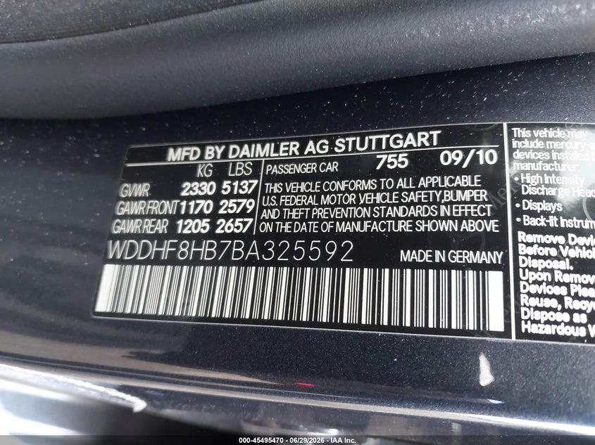 2011 Mercedes-benz E-class VIN WDDHF8HB7BA325592 IAAI salvage auction — NORMAL WEAR, Clear (Florida), sold $1,050 on 2026-07-15 (photo 9)