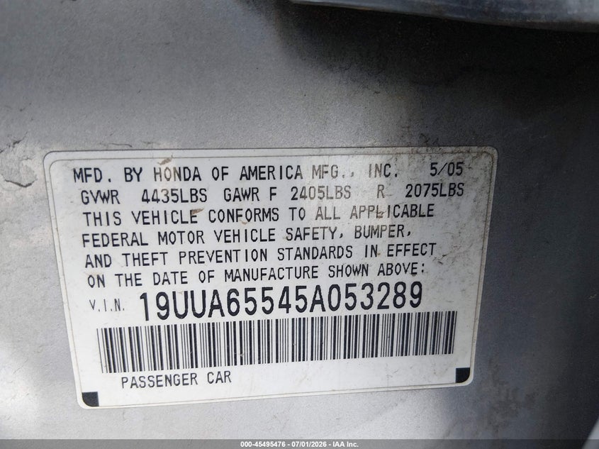 2005 Acura Tl VIN 19UUA65545A053289 IAAI salvage auction — LEFT SIDE, Clear (Utah), sold $775 on 2026-07-24 (photo 9)