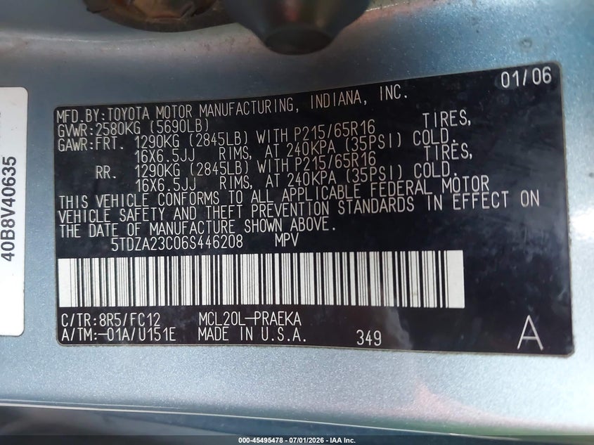 2006 Toyota Sienna VIN 5TDZA23C06S446208 IAAI salvage auction — NORMAL WEAR, Clear - Dealer Only (California), sold $550 on 2026-07-14 (photo 9)