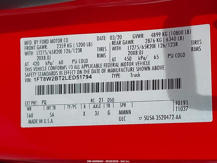2020 Ford F250 VIN 1FT8W2BT2LED51794 IAAI salvage auction — RIGHT SIDE, Salvage (Georgia), sold $16,300 on 2026-07-30 (photo 8)