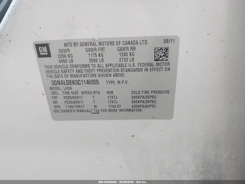 2012 Chevrolet Equinox VIN 2GNALDEK0C1146055 IAAI salvage auction — NORMAL WEAR, Clear (Maryland), sold $350 on 2026-07-25 (photo 9)