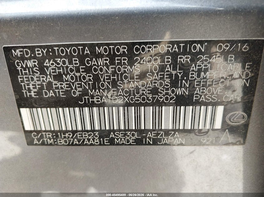 2016 Lexus Is VIN JTHBA1D2XG5037902 IAAI salvage auction — RIGHT SIDE, Salvage (Georgia), sold $2,250 on 2026-07-28 (photo 9)