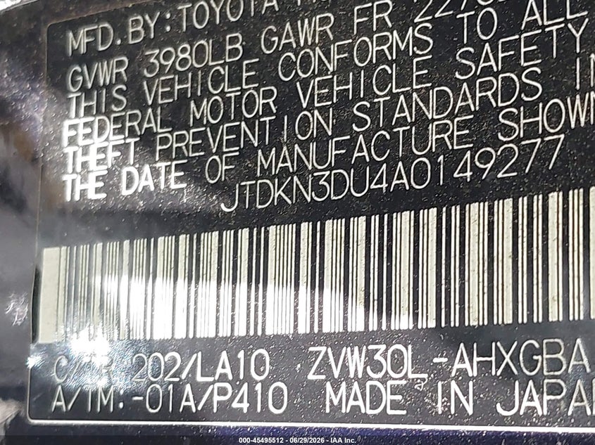 2010 Toyota Prius v VIN JTDKN3DU4A0149277 IAAI salvage auction — UNDERCARRIAGE, Original (Texas), sold $1,500 on 2026-07-24 (photo 9)