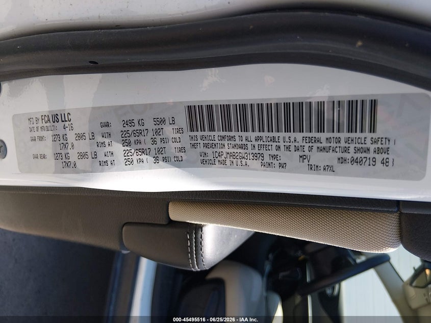 2016 Jeep Cherokee VIN 1C4PJMAB2GW313979 IAAI salvage auction — NORMAL WEAR, Sf97 (California), sold $7,475 on 2026-07-30 (photo 9)