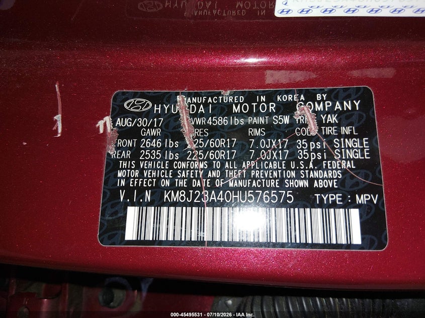 2017 Hyundai Tucson VIN KM8J23A40HU576575 IAAI salvage auction — NORMAL WEAR, Clear (Delaware), sold $3,050 on 2026-07-30 (photo 9)