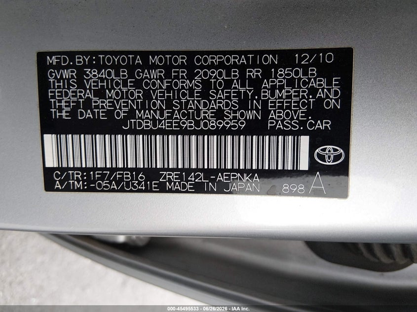 2011 Toyota Corolla VIN JTDBU4EE9BJ089959 IAAI salvage auction — FRONT END, Salvage (California), sold $1,225 on 2026-07-16 (photo 9)