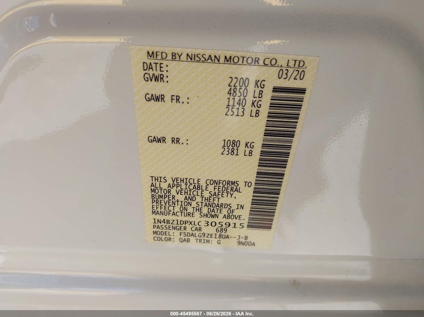 2020 Nissan Leaf VIN 1N4BZ1DPXLC305915 IAAI salvage auction — FRONT END, Salvage (California), sold $6,000 on 2026-07-10 (photo 9)