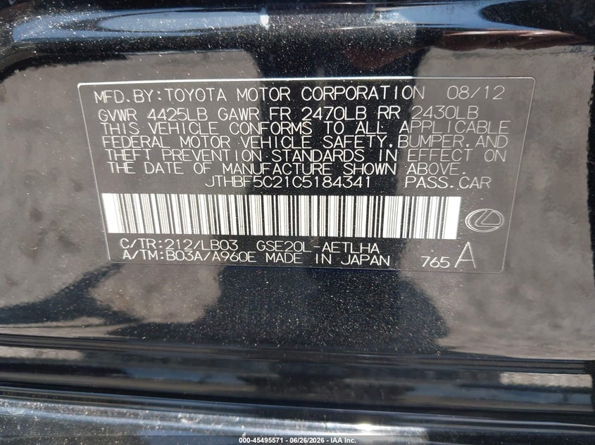 2012 Lexus Is VIN JTHBF5C21C5184341 IAAI salvage auction — LEFT FRONT, Rebuildable (Florida), sold $25 on 2026-07-30 (photo 9)