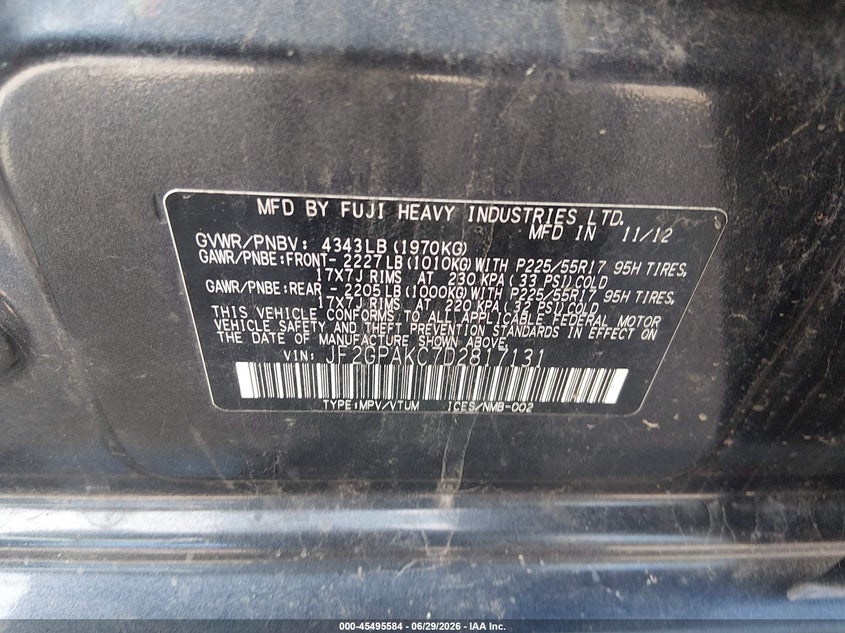 2013 Subaru Xv VIN JF2GPAKC7D2817131 IAAI salvage auction — NORMAL WEAR, Clear (Indiana), sold $600 on 2026-07-29 (photo 9)