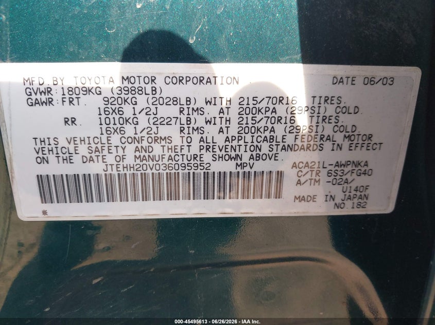 2003 Toyota Rav4 VIN JTEHH20V036095952 IAAI salvage auction — NORMAL WEAR, Clear (Tennessee), sold $675 on 2026-07-29 (photo 9)