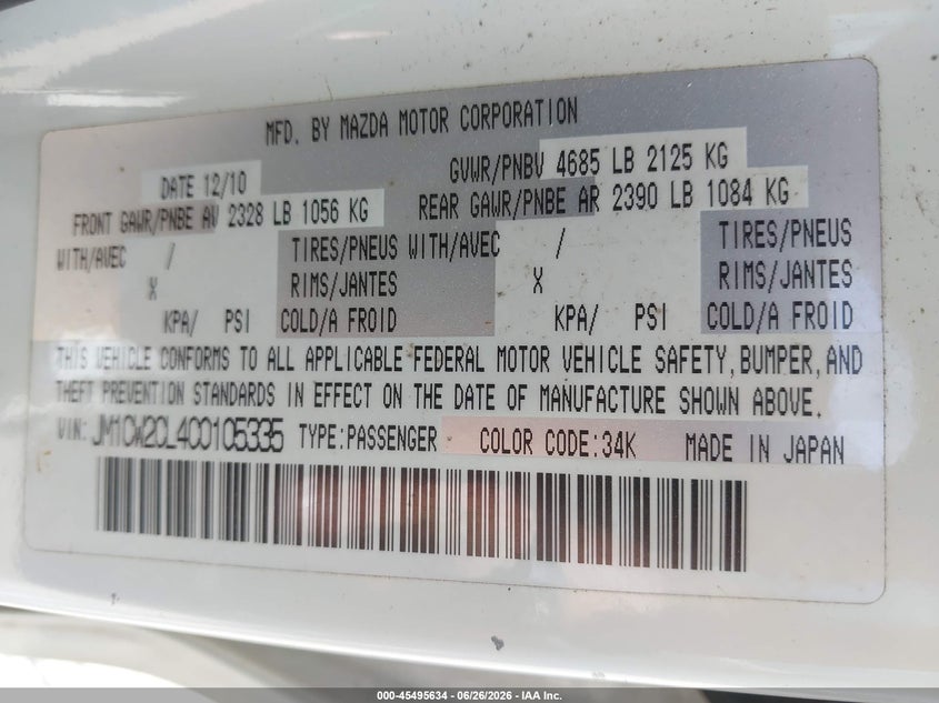 2012 Mazda 5 VIN JM1CW2CL4C0105335 IAAI salvage auction — REAR END, Salvage (Georgia), sold $750 on 2026-07-23 (photo 9)