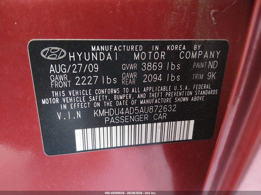 2010 Hyundai Elantra VIN KMHDU4AD5AU872632 IAAI salvage auction — SIDE, Salvage (California), sold $750 on 2026-07-11 (photo 9)