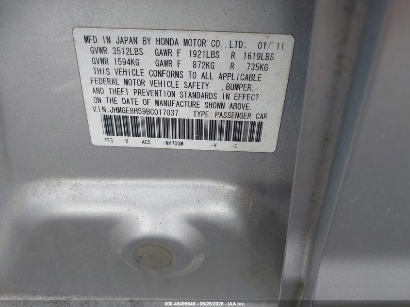 2011 Honda Fit VIN JHMGE8H59BC017037 IAAI salvage auction — LEFT REAR, Salvage Title, sold $25 on 2026-07-21 (photo 9)