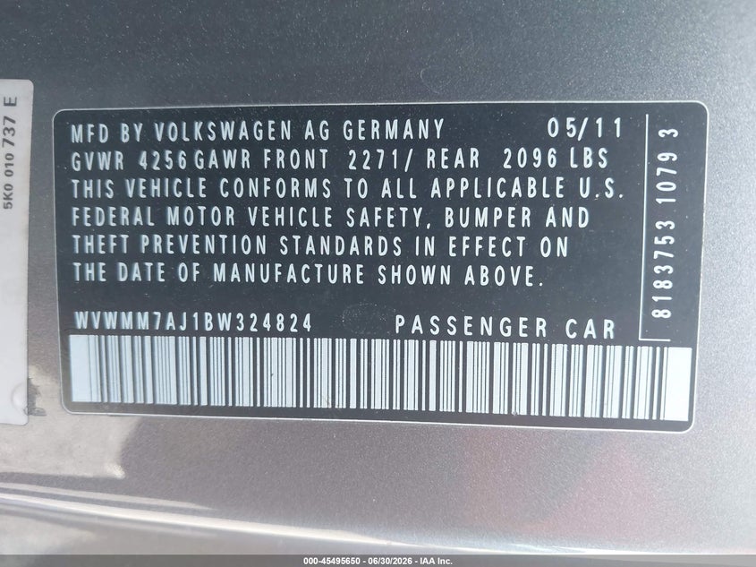 2011 Volkswagen Golf VIN WVWMM7AJ1BW324824 IAAI salvage auction — FRONT & REAR, Rebuildable (Florida), sold $525 on 2026-07-10 (photo 9)