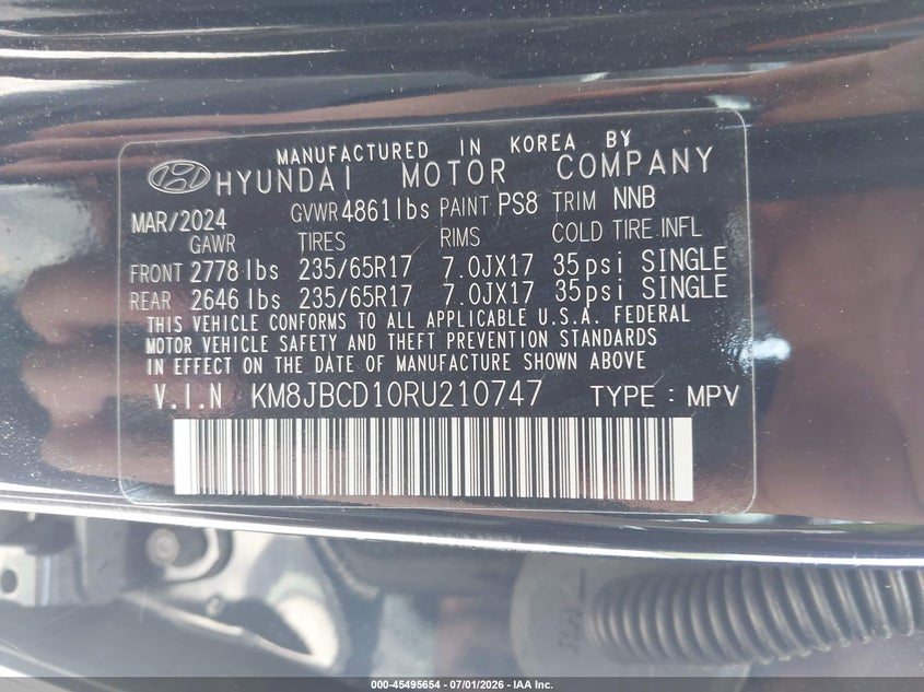 2024 Hyundai VIN KM8JBCD10RU210747 IAAI salvage auction — FRONT END, Salvage (Pennsylvania), sold $8,200 on 2026-07-28 (photo 9)