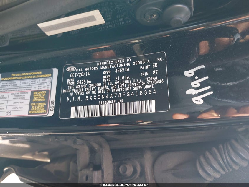 2015 Kia Optima VIN 5XXGN4A78FG418364 IAAI salvage auction — REAR END, Salvage (Idaho), sold $25 on 2026-07-29 (photo 9)