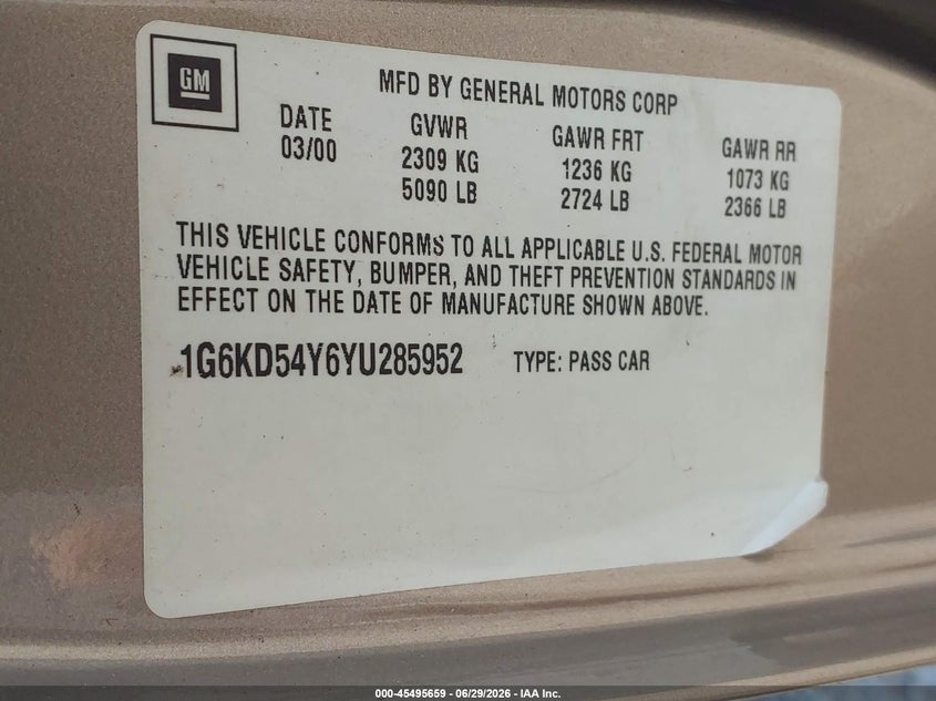2000 Cadillac Deville VIN 1G6KD54Y6YU285952 IAAI salvage auction — NORMAL WEAR, Clear (Tennessee), sold $300 on 2026-07-07 (photo 9)
