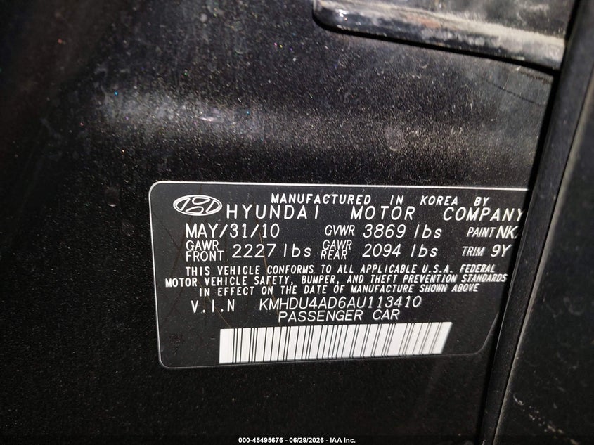 2010 Hyundai Elantra VIN KMHDU4AD6AU113410 IAAI salvage auction — REAR END, Salvage (Pennsylvania), sold $375 on 2026-07-10 (photo 9)
