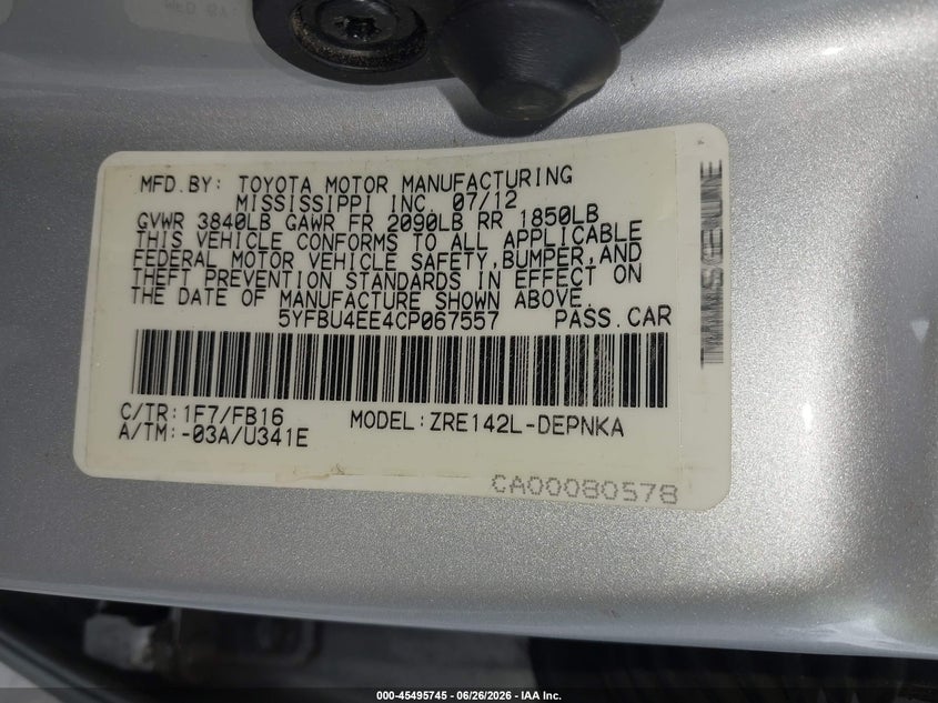 2012 Toyota Corolla VIN 5YFBU4EE4CP067557 IAAI salvage auction — REAR END, Salvage (California), sold $1,750 on 2026-07-21 (photo 9)