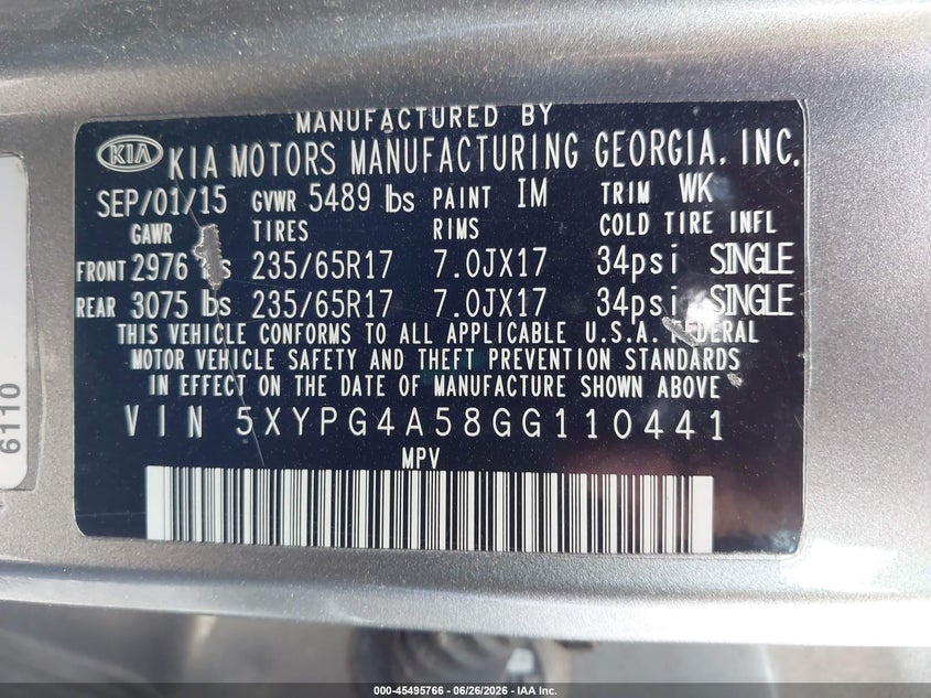 2016 Kia Sorento VIN 5XYPG4A58GG110441 IAAI salvage auction — NORMAL WEAR, Original (Texas), sold $1,000 on 2026-07-23 (photo 9)