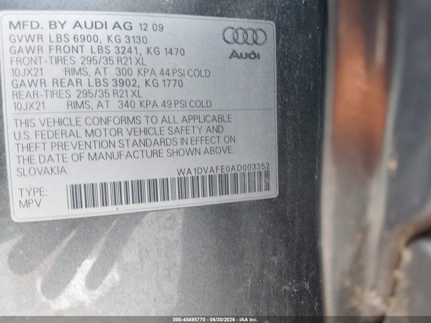 2010 Audi Q7 VIN WA1DVAFE0AD003352 IAAI salvage auction — NORMAL WEAR, Reconstructed (Louisiana), sold $350 on 2026-07-29 (photo 8)