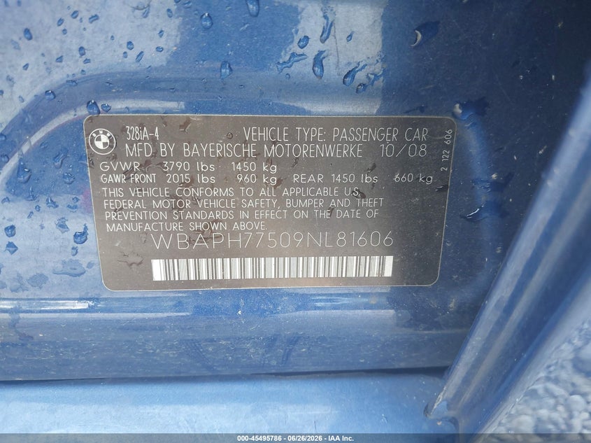 2009 BMW 3 series VIN WBAPH77509NL81606 IAAI salvage auction — NORMAL WEAR, Repossession Paperwork (Georgia), sold $375 on 2026-07-14 (photo 9)