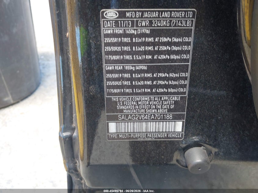 2014 Land rover Lr4 VIN SALAG2V64EA701188 IAAI salvage auction — NORMAL WEAR, Clear (Colorado), sold $825 on 2026-07-09 (photo 9)