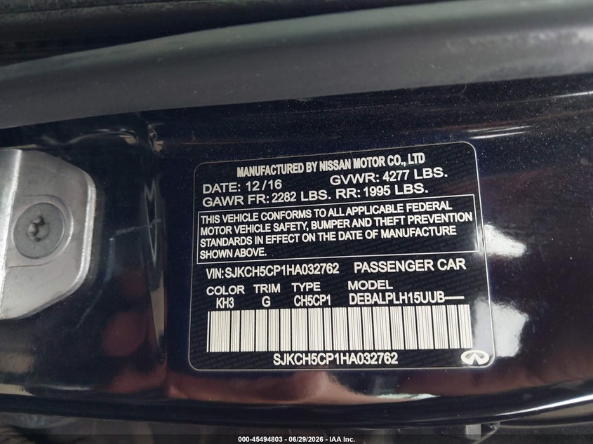 2017 Infiniti Qx30 VIN SJKCH5CP1HA032762 IAAI salvage auction — LEFT FRONT, Salvage Title, sold $1,450 on 2026-07-21 (photo 9)